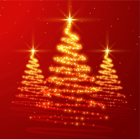 three golden trees each created by a star trail, set on a red gradient background